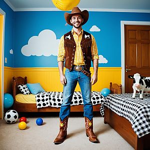 Man in Woody Costume Toy Story Cosplay in Kid's Bedroom
