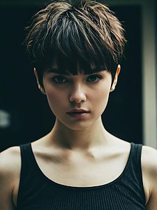 Woman with Messy Pixie Cut and Bangs Hairstyle Editorial Portrait