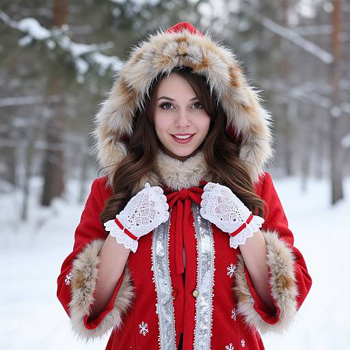 Young Woman in Red Fur-Trimmed Winter Coat in Snowy Forest