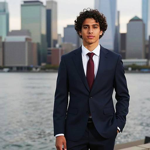 Gen Z Young Man in Navy Suit by City Waterfront