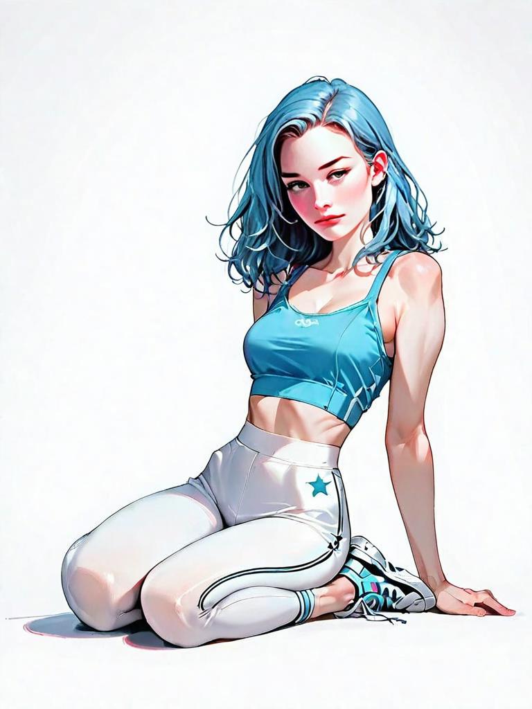 Sporty Young Woman with Blue Hair in Realistic Anime Style Full Body Illustration