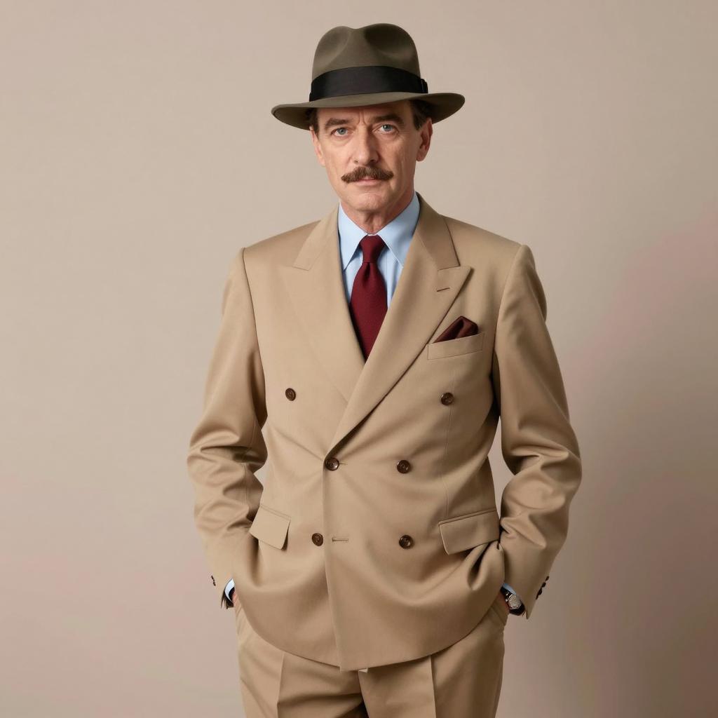Vintage Style Man in Beige Double-Breasted Suit with Fedora Hat