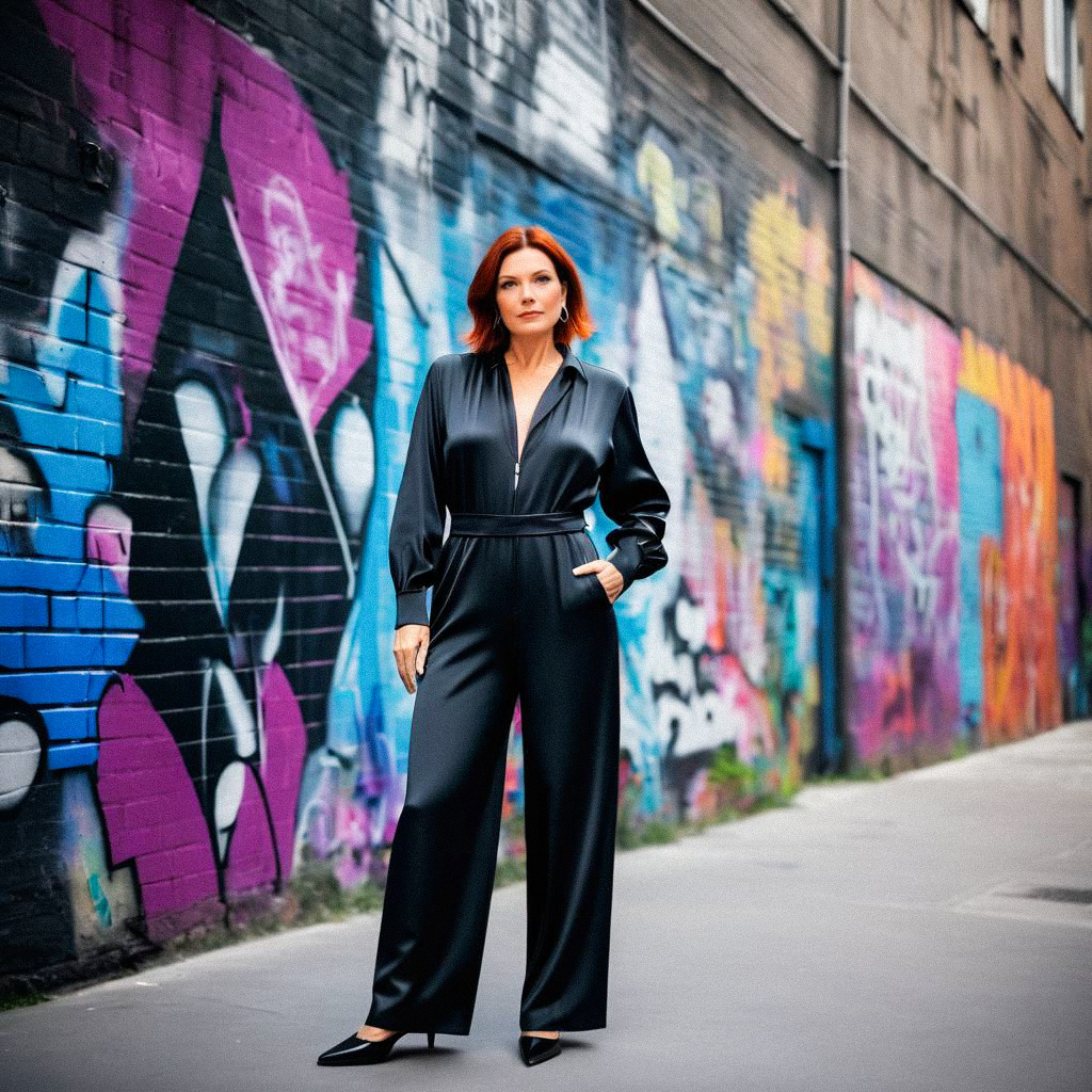 Elegant Woman in Black Jumpsuit Against Graffiti Wall