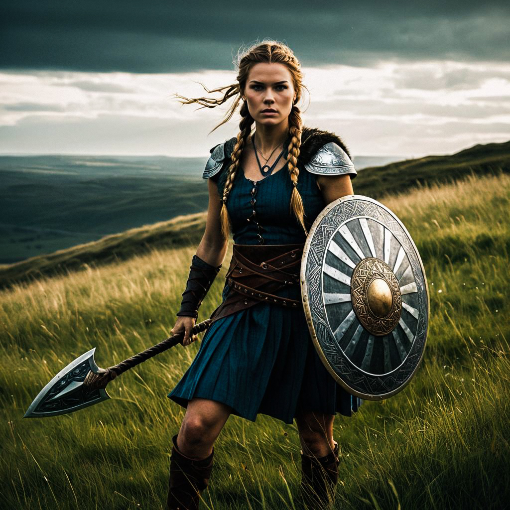 Fierce Woman Warrior on Grassy Hillside Fierce Woman Warrior on Grassy Hillside