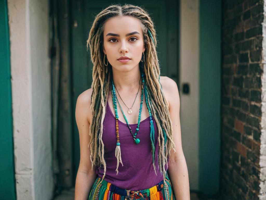 Artistic White Woman in Dreads with Purple Top and Ethnic Skirt