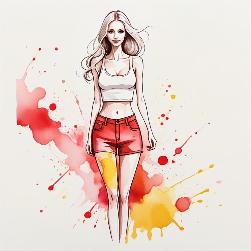 Stylish Young Woman in Crop Top and Shorts with Watercolor Background Stylish Young Woman in Crop Top and Shorts with Watercolor Background