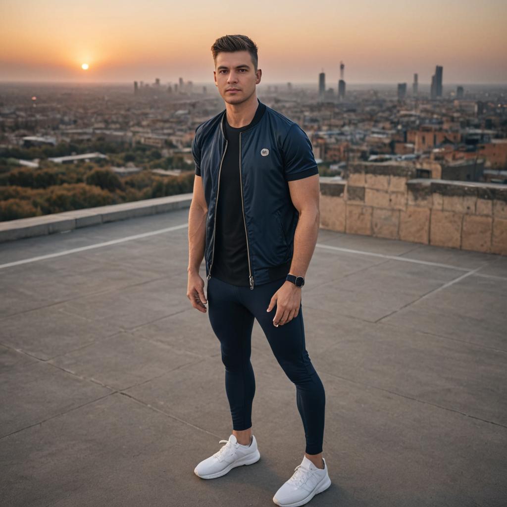 Man in Athletic Wear on Rooftop at Sunset Over City Skyline