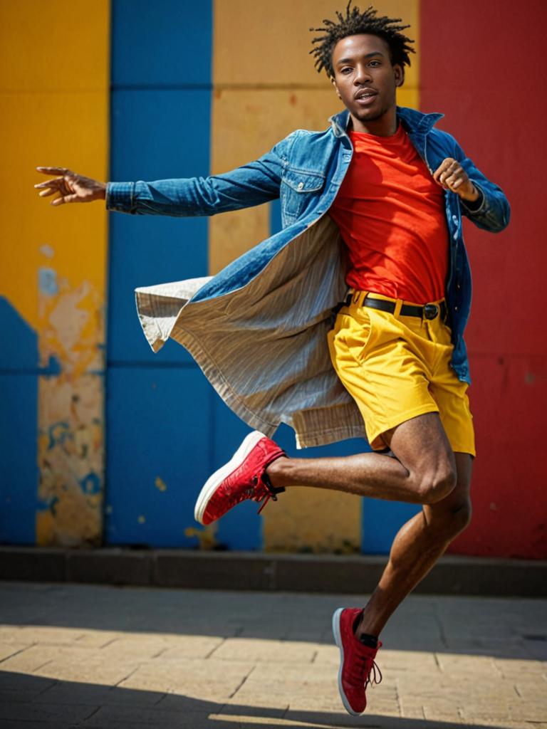 Energetic Man in Vibrant Attire Jumping Against Colorful Background