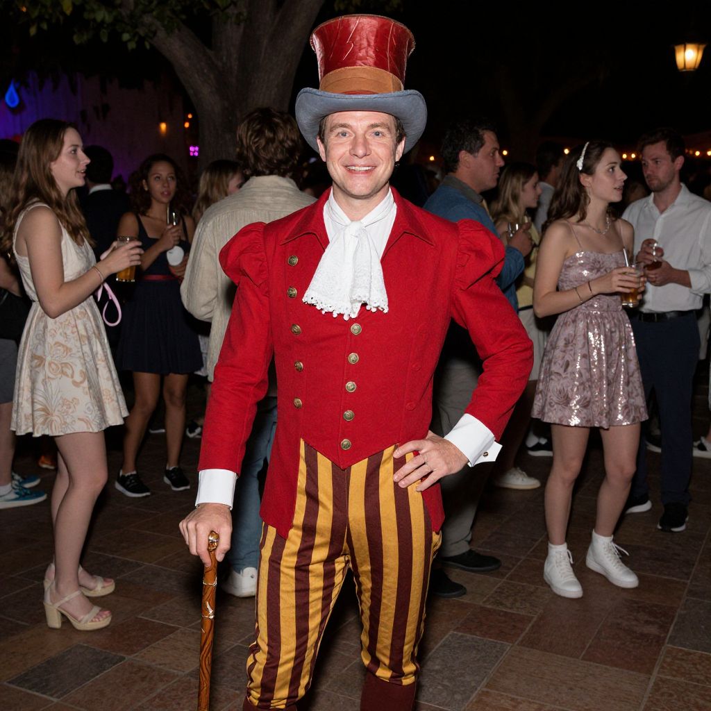 Man in Vintage Circus Costume at Nighttime Social Gathering