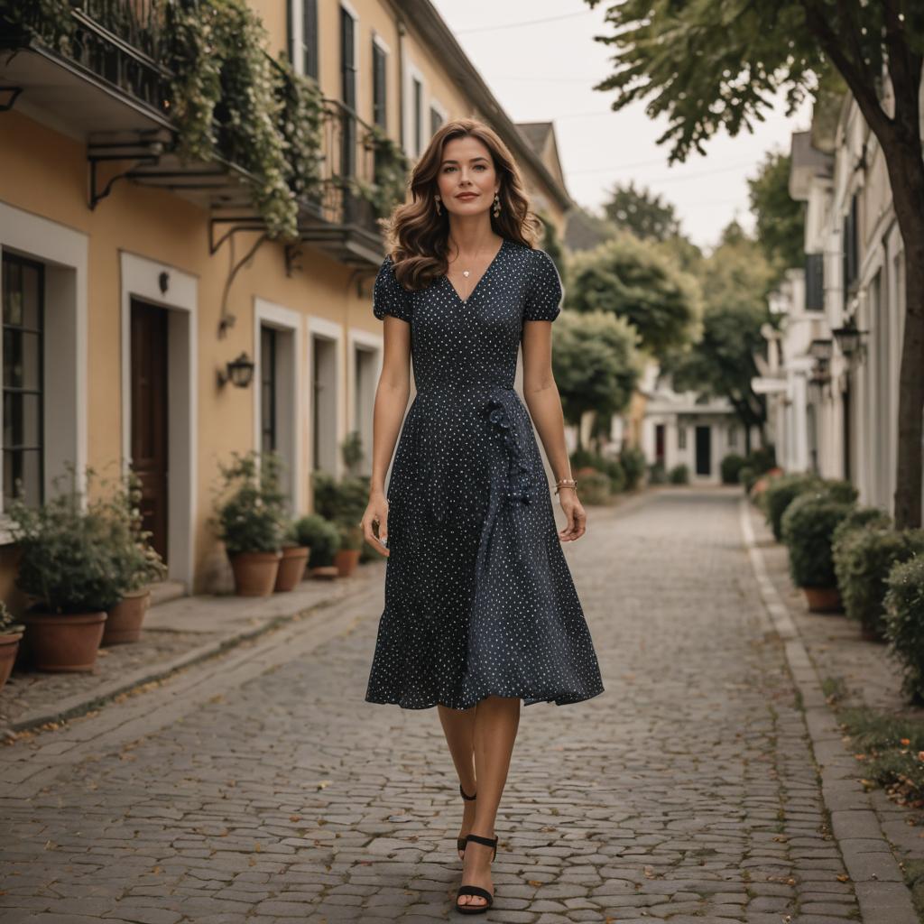 Woman in Navy Blue Polka Dot Dress Walking on Cobblestone Street