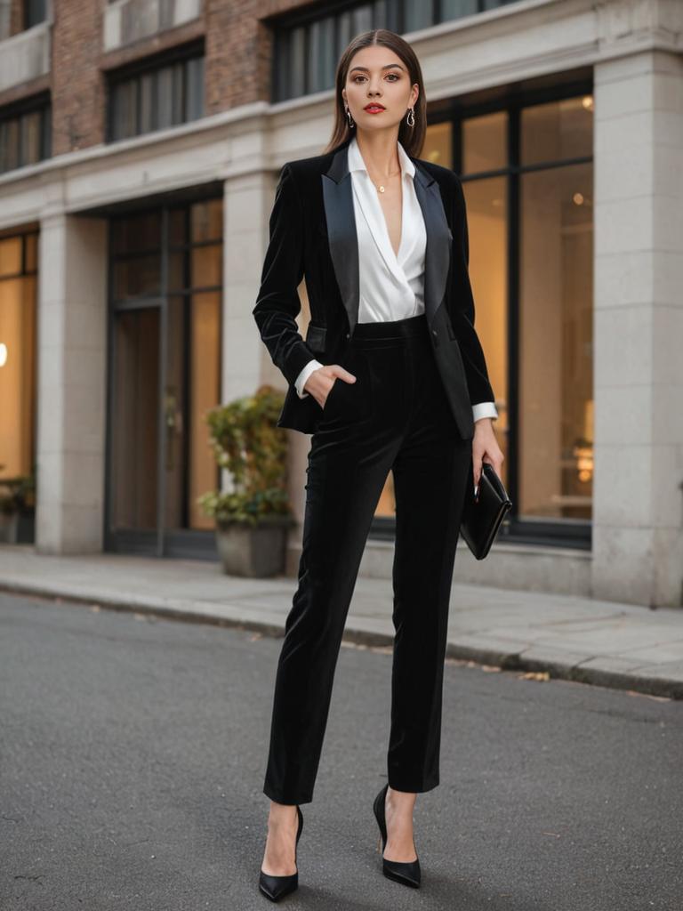 Stylish Woman in Black Velvet Suit on City Street