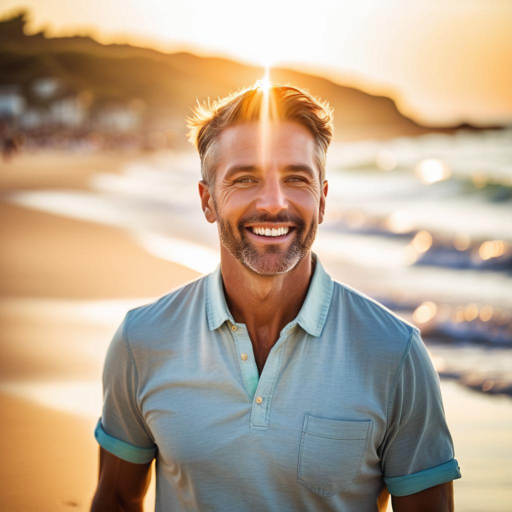 Smiling Man on Beach at Golden Hour Smiling Man on Beach at Golden Hour