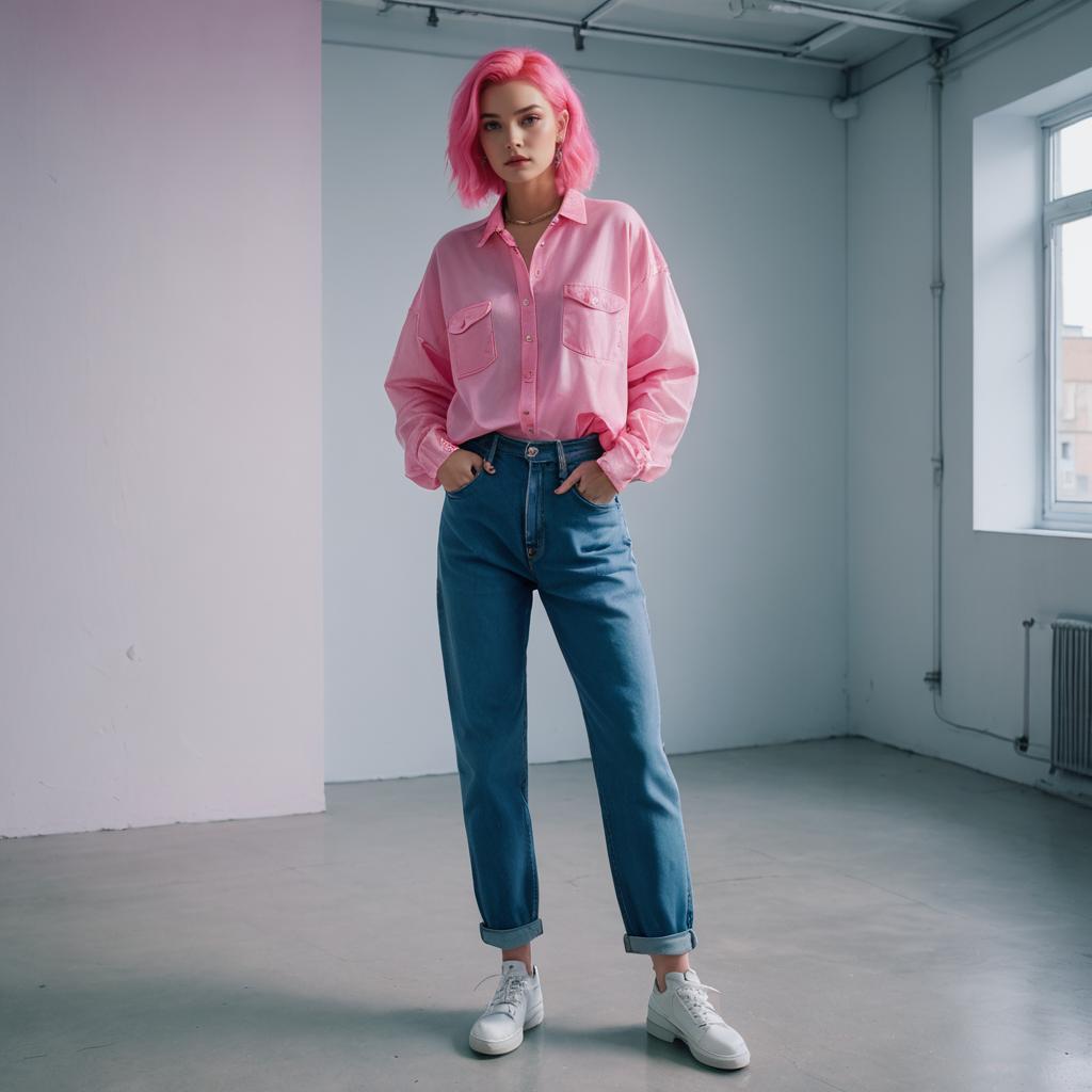 Young Woman with Pink Hair in Casual Fashion Outfit in Minimalist Studio