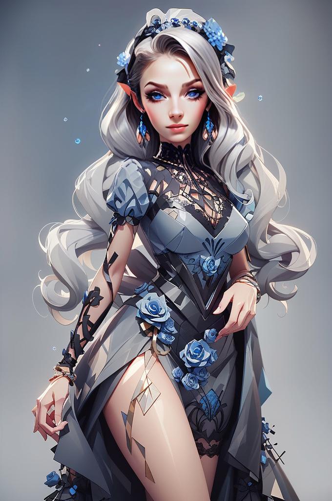 Fantasy Woman with Silver Hair and Blue Flowers Fantasy Woman with Silver Hair and Blue Flowers