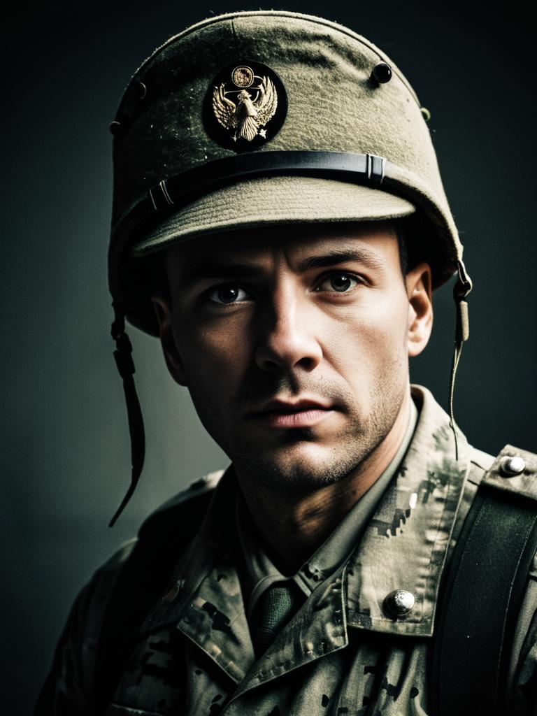 Photorealistic Cinematic Portrait of Man in Army Soldier Costume