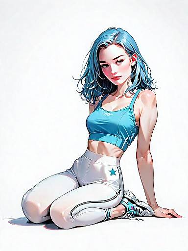 Sporty Young Woman with Blue Hair in Realistic Anime Style Full Body Illustration