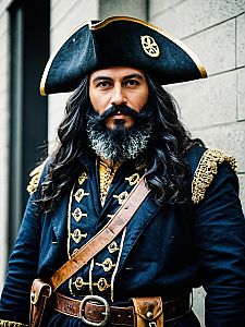 Man in Realistic Blackbeard Pirate Costume with Tricorn Hat and Gold Details