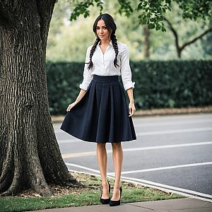 Young Woman in Classic Outfit by Tree