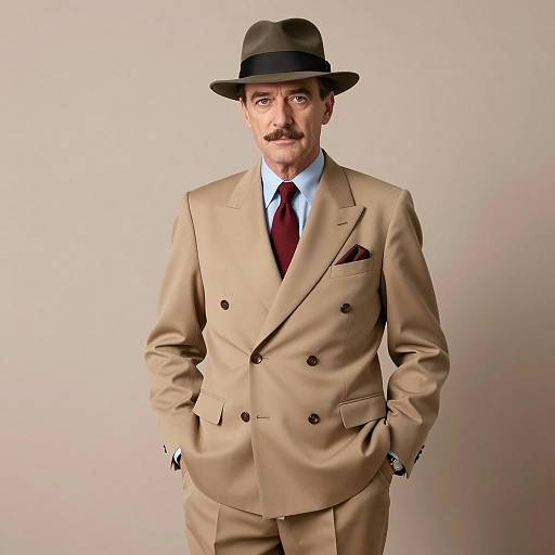 Vintage Style Man in Beige Double-Breasted Suit with Fedora Hat