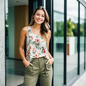 Smiling Woman in Floral Top Outside Modern Building