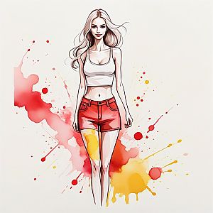Stylish Young Woman in Crop Top and Shorts with Watercolor Background