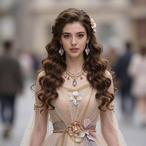 Elegant Woman in Floral Embellished Sheer Dress with Curly Hair