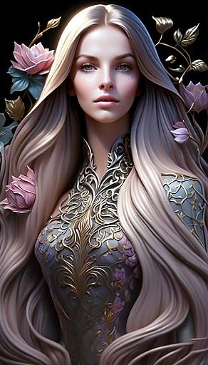 Digital Fantasy Portrait of Woman with Long Blonde Hair and Ornate Gold Filigree Dress