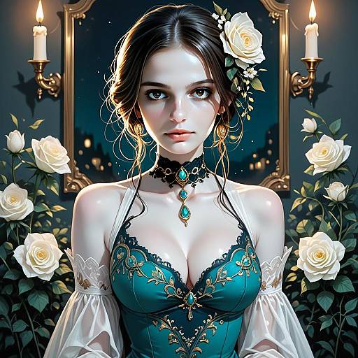 Elegant Woman in Teal Embroidered Dress with White Roses and Candlelight Digital Portrait