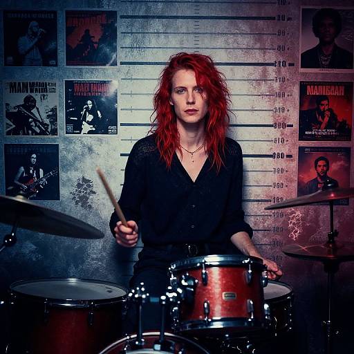Red Haired Woman Drummer in Vintage Rock Studio Setting