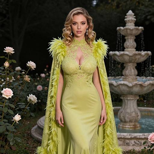 Elegant Woman in Lime Green Lace Gown with Feathered Cape in Garden