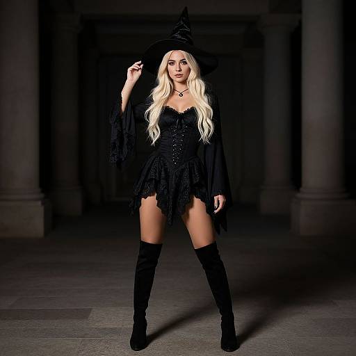 Stylish Woman in Modern Witch Costume with Black Corset Dress and Pointed Hat