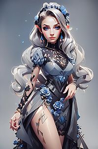 Fantasy Woman with Silver Hair and Blue Flowers