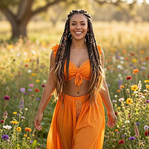 Young Woman in Orange Outfit Walking Through Colorful Flower Field