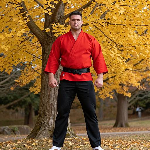 Man in Red Martial Arts Gi Standing by Yellow Autumn Tree