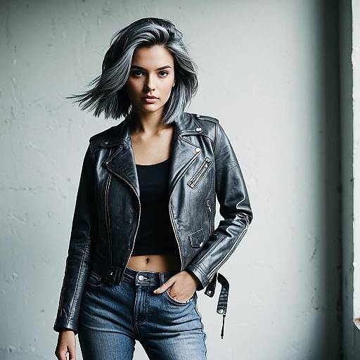 Young Woman in Black Leather Jacket and Blue Jeans with Silver Hair