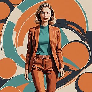 Confident Woman in Rust Suit Against Abstract Background