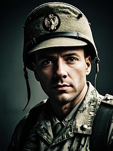 Photorealistic Cinematic Portrait of Man in Army Soldier Costume