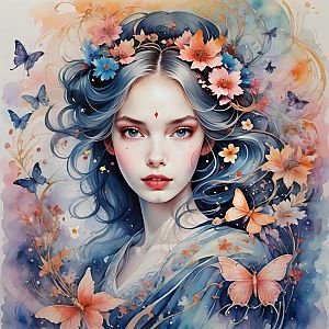 Ethereal Woman with Blue Hair and Butterflies