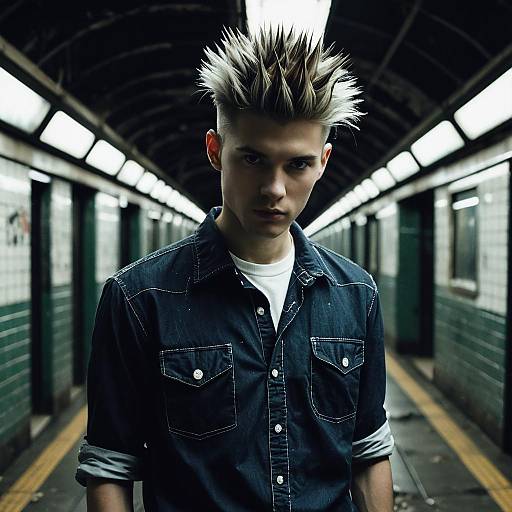 Young Man with Spiky Bleached Hair in Urban Subway Tunnel