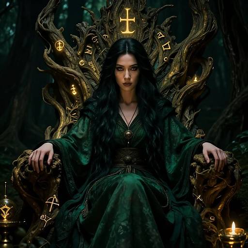 Mystical Woman on Enchanted Throne with Glowing Runes in Dark Forest