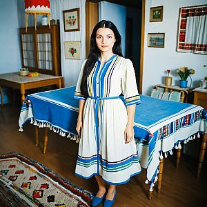 Confident Woman in Cozy Folk-Inspired Room