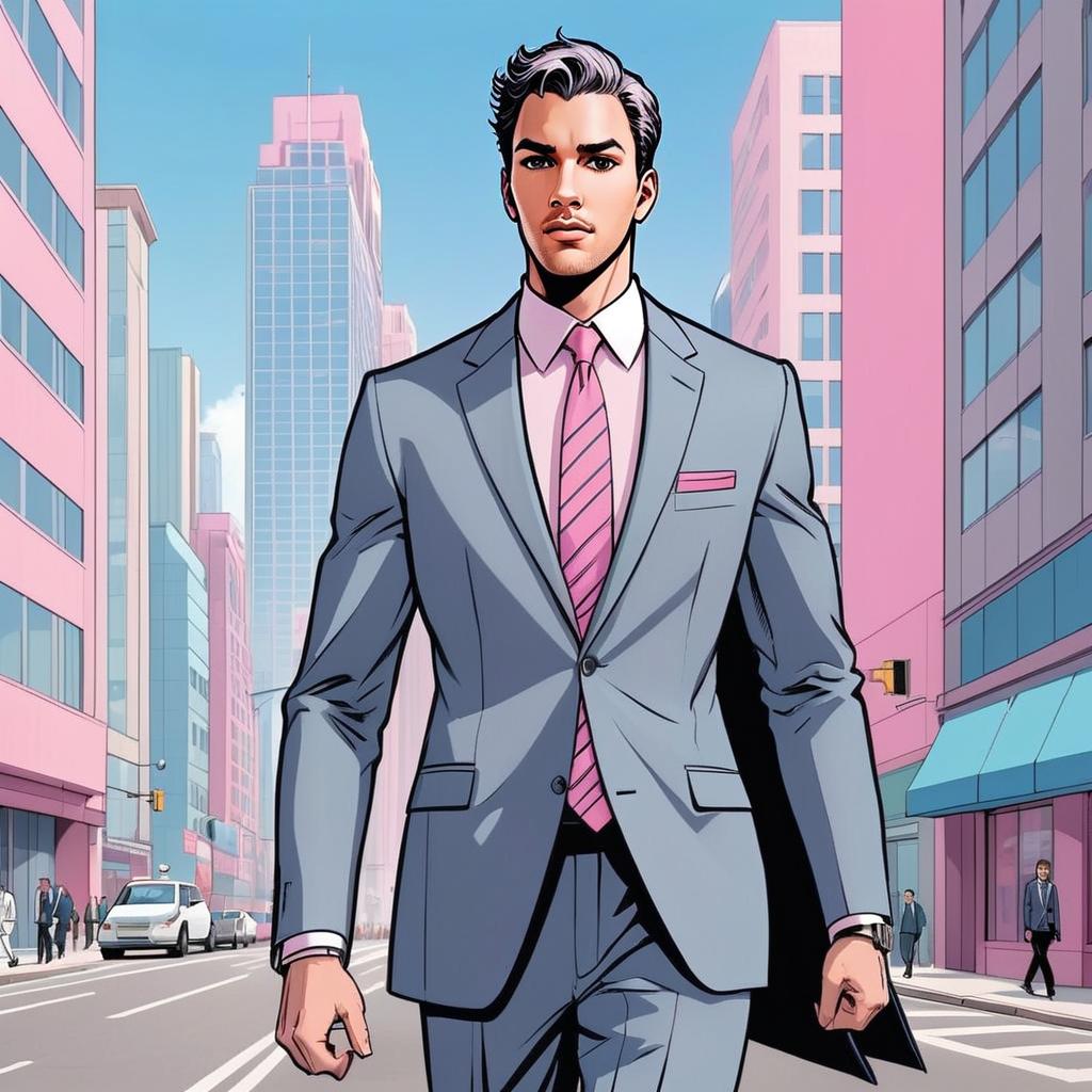 Stylish Man in Gray Suit Walking Urban Street - Comic Book Art