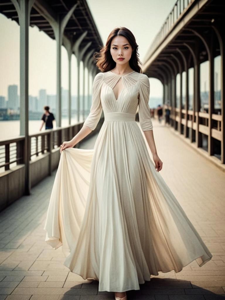 Elegant Woman in Cream Dress on Bridge