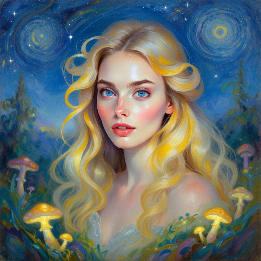 Fantasy Portrait of Woman with Glowing Mushrooms and Starry Night Sky