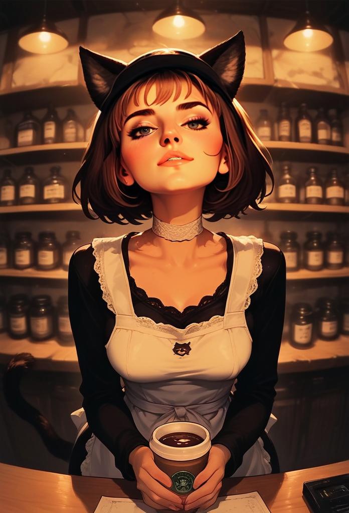 Young Woman in Maid Outfit with Cat Ears at Cozy Café