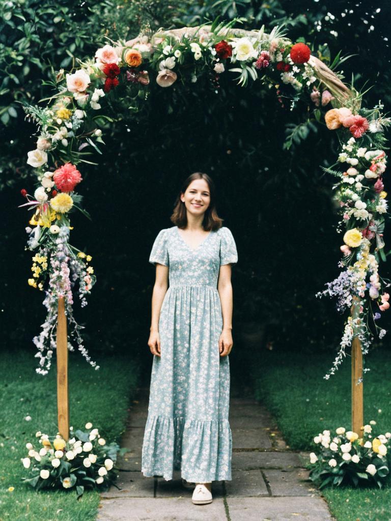 Young Woman in Floral Dress Standing Under Flower Arch in Garden