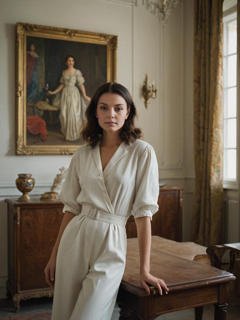 Elegant Woman in White Jumpsuit in Artistic Room