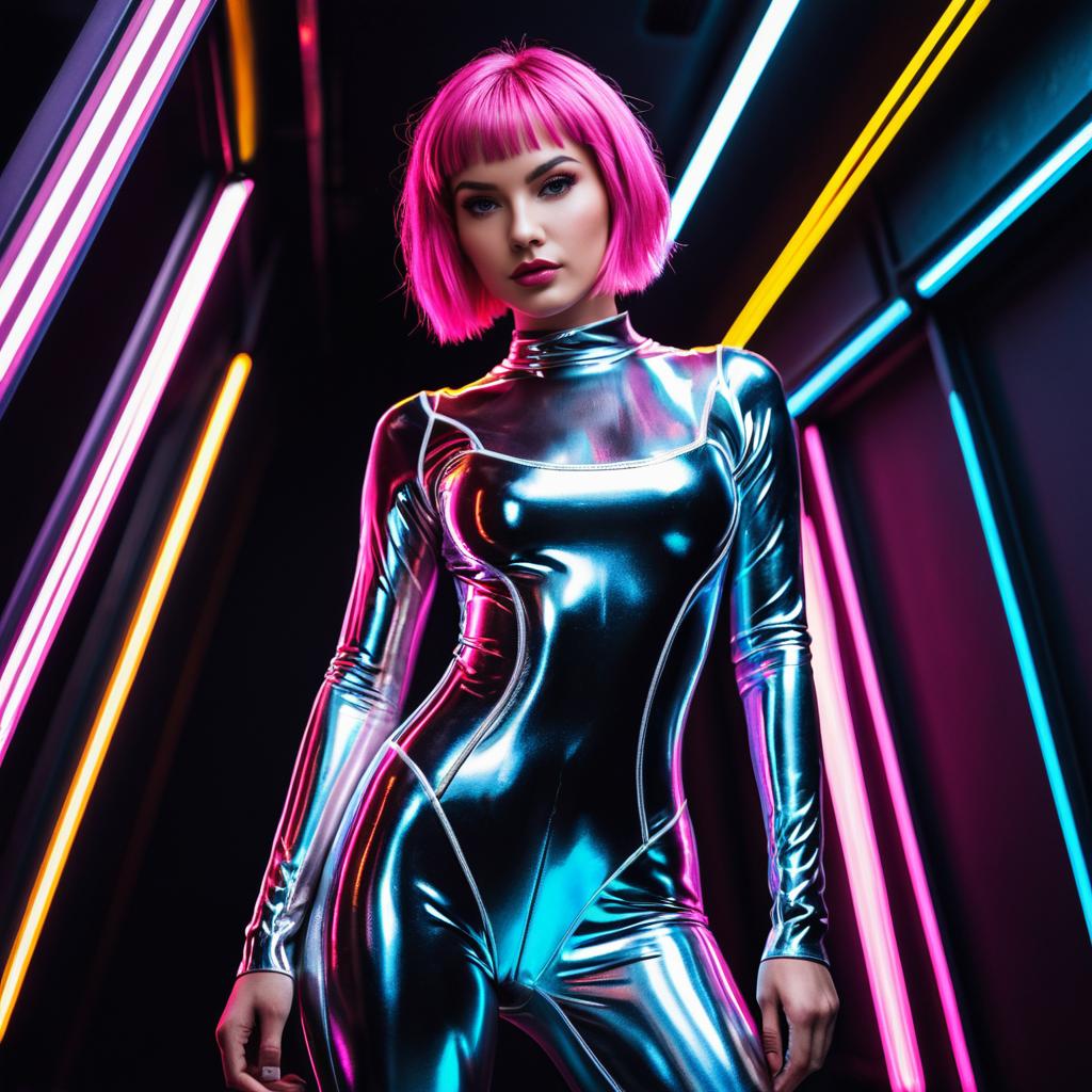 Futuristic Woman in Silver Bodysuit with Neon Cyberpunk Lights