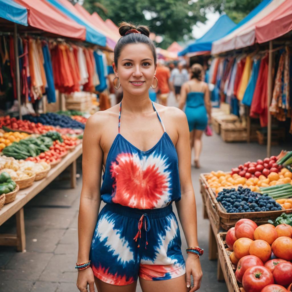 Confident Woman in Tie-Dye Jumpsuit at Outdoor Market