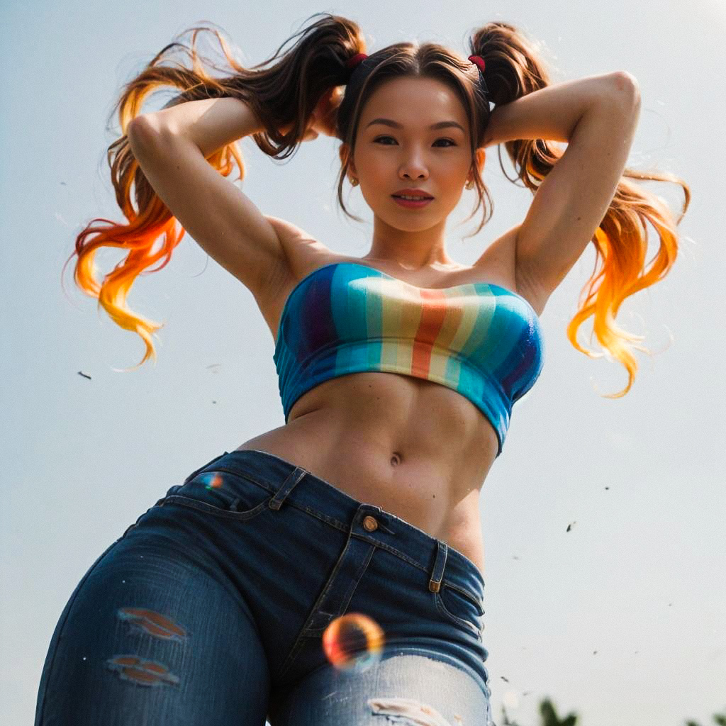 Confident Young Woman Outdoors in Colorful Tube Top Confident Young Woman Outdoors in Colorful Tube Top